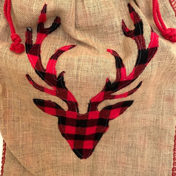 Large Festive Reindeer Burlap/ Flannel Lined Gift Bag - Picture 3 of 6